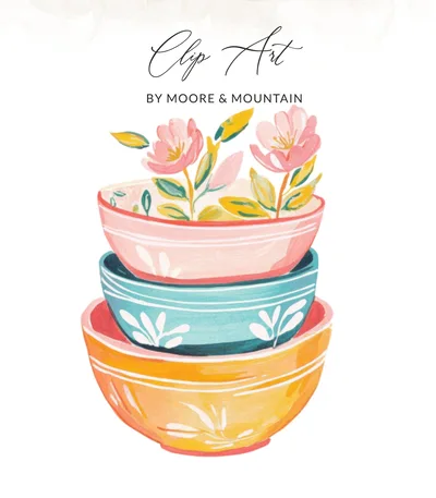 Stacked Bowls SVG, Floral Kitchen Preppy Clip Art Digital, Cottagecore Home Decor, Watercolor Baking Design, Aesthetic Spring Wall Art