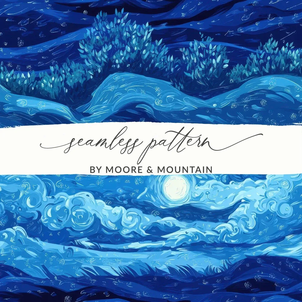 Starry Night Sky Digital, Moon Art Digital, Blue Landscape Digital, Seamless Pattern Digital, JPEG Digital, Van Gogh Style Digital