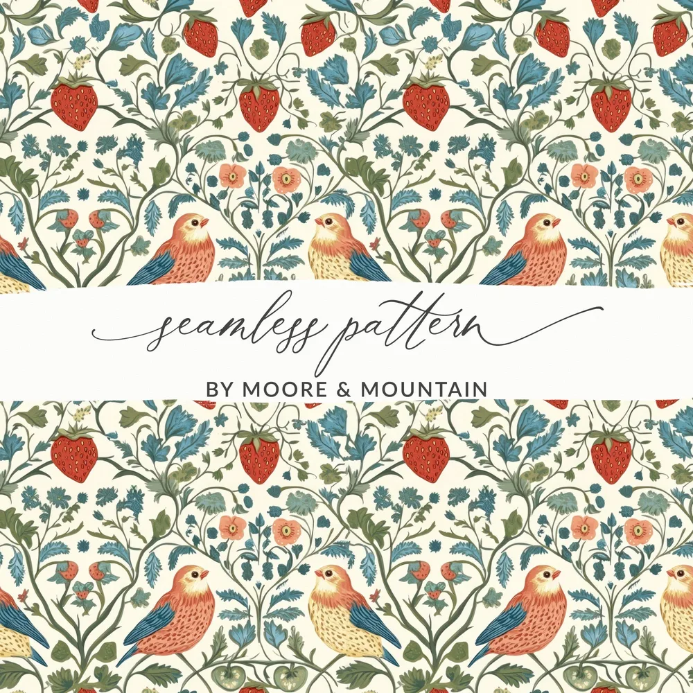 Strawberry Bird Digital Paper, Floral Seamless Pattern, Botanical Print, Fabric Design, Scrapbook Paper, Digital Download, JPEG Files