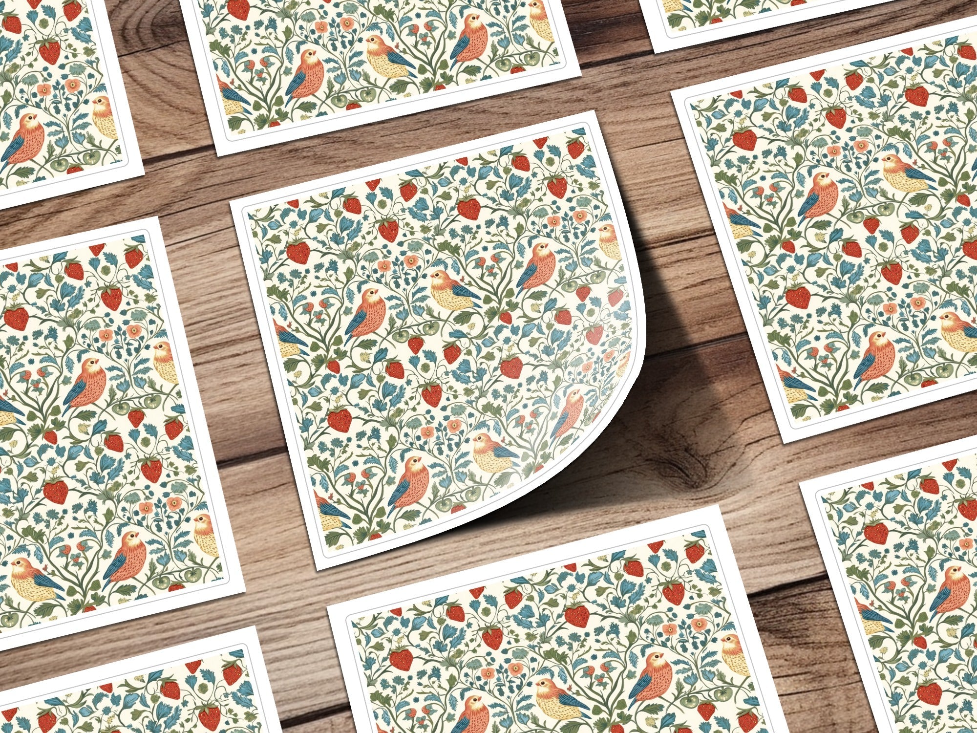Strawberry Bird Digital Paper, Floral Seamless Pattern, Botanical Print, Fabric Design, Scrapbook Paper, Digital Download, JPEG Files