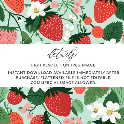 Strawberry Digital Seamless Pattern, Fruits Design, Summer Pattern, Sweet Berries Print, Digital Paper, Commercial Use, Floral Background