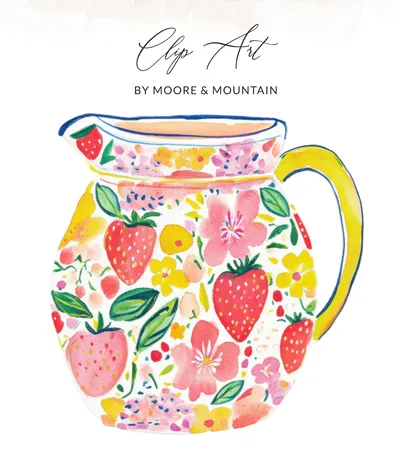 Strawberry Pitcher Watercolor Digital Art Print, Cottagecore Floral Jug Illustration, Summer Kitchen Decor Download