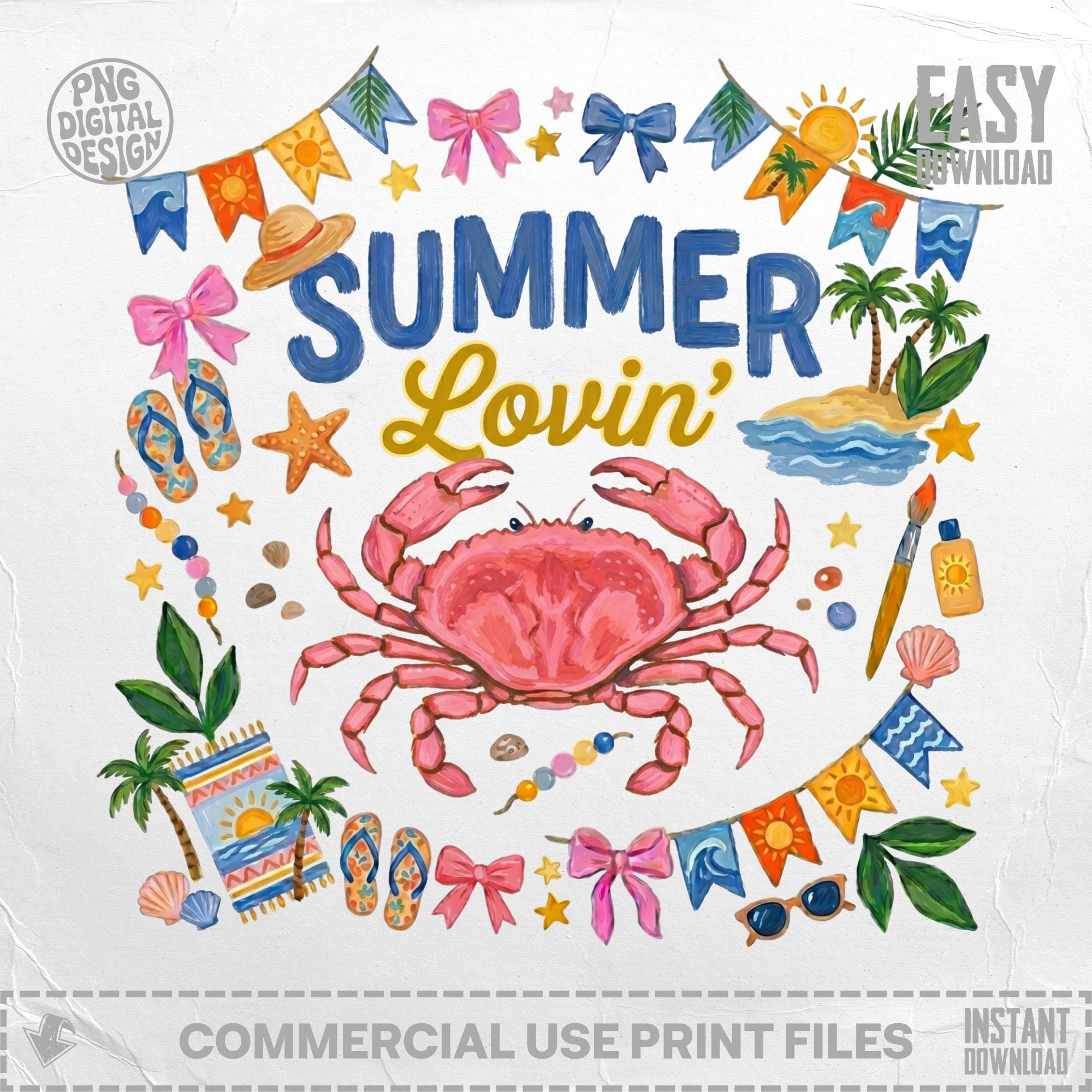 Summer Lovin' Crab Beach T-Shirt Digital Design, Cute Coastal Ocean Life PNG Sublimation File, Vacation Tee Gift