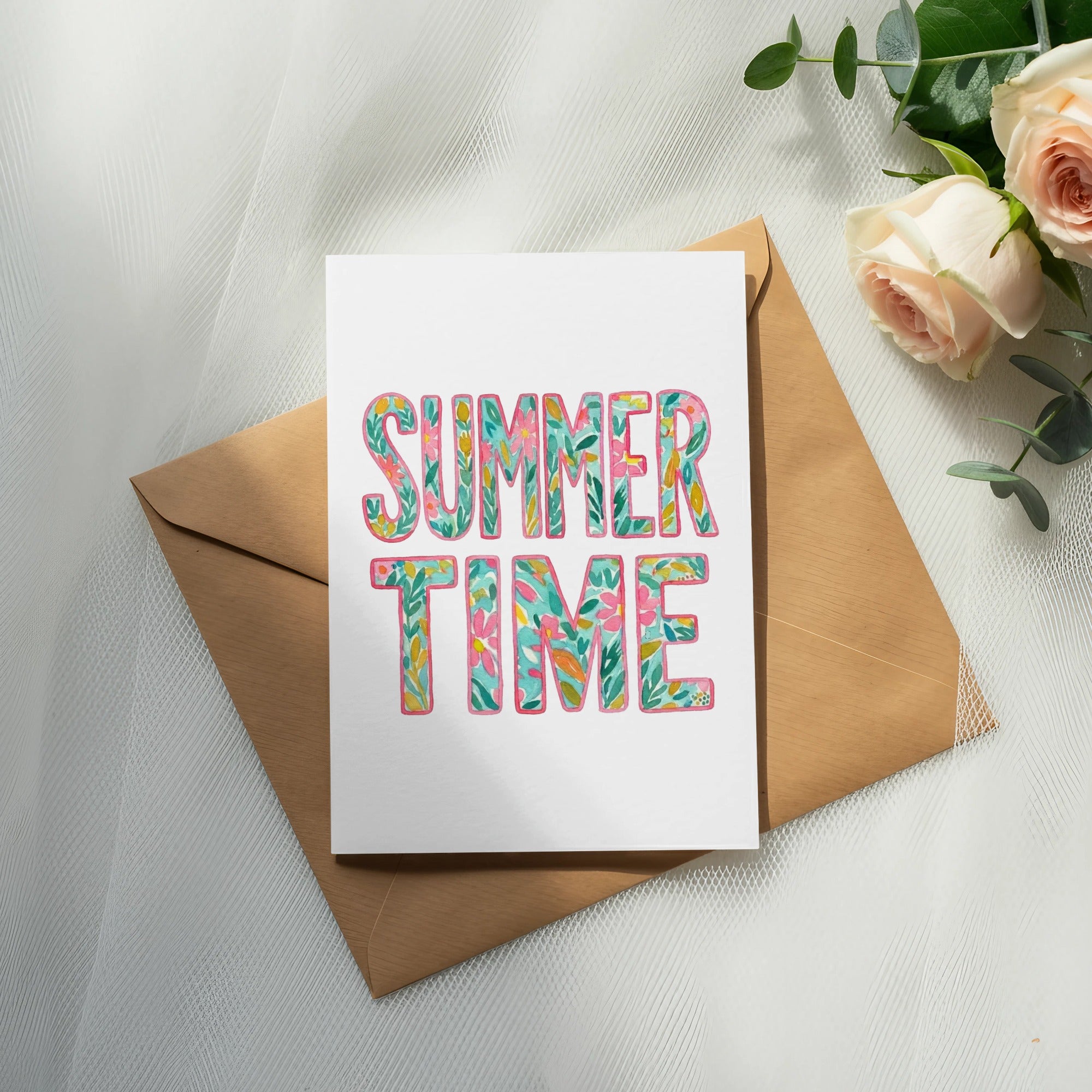 SUMMER TIME Floral Watercolor T-Shirt, Happy Summer Vacation Tee, Cute Botanical Summer Vibes Shirt, Bright Nature Lover Digital Design