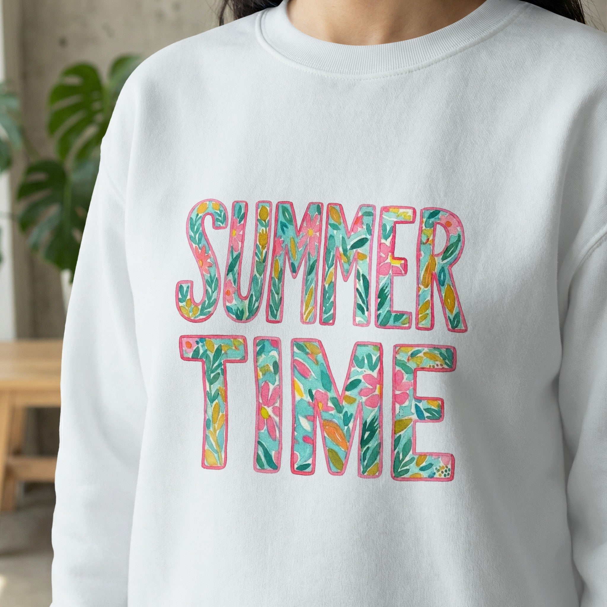 SUMMER TIME Floral Watercolor T-Shirt, Happy Summer Vacation Tee, Cute Botanical Summer Vibes Shirt, Bright Nature Lover Digital Design
