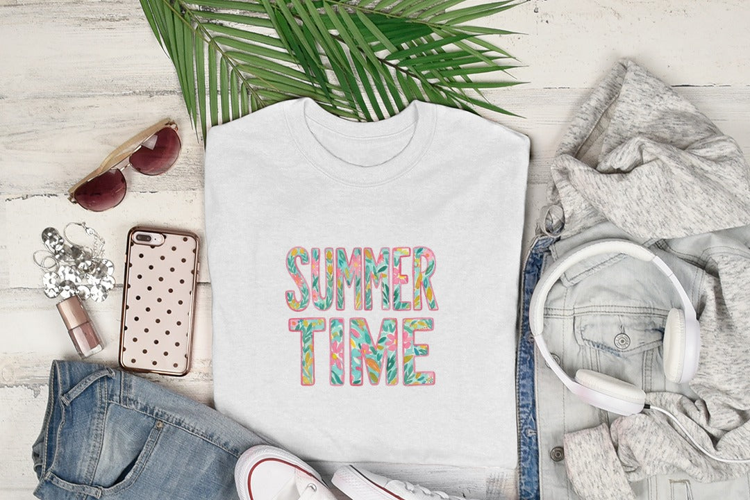 SUMMER TIME Floral Watercolor T-Shirt, Happy Summer Vacation Tee, Cute Botanical Summer Vibes Shirt, Bright Nature Lover Digital Design