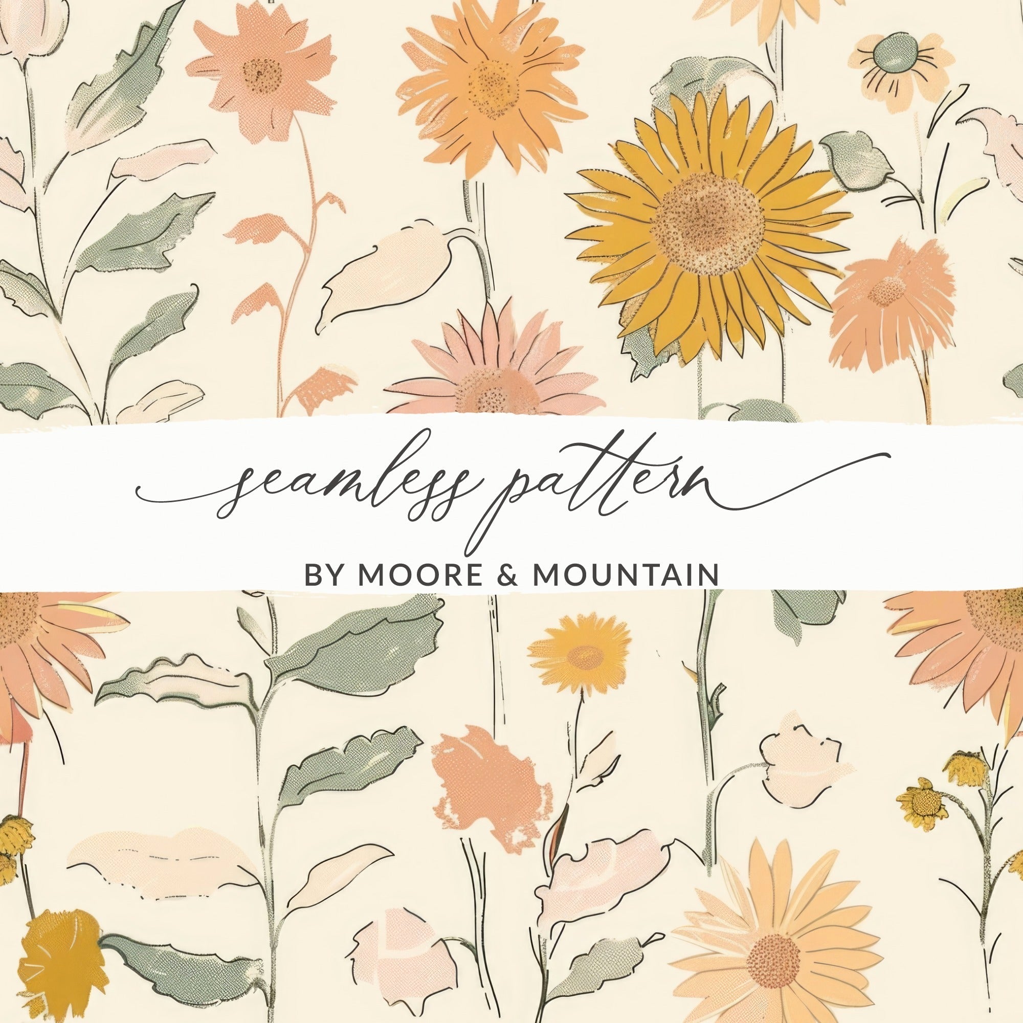 Sunflower Digital Paper, Seamless Floral Pattern, Boho Chic Design, Digital Background, Fabric Design, 12x12 JPEG, Printable Paper