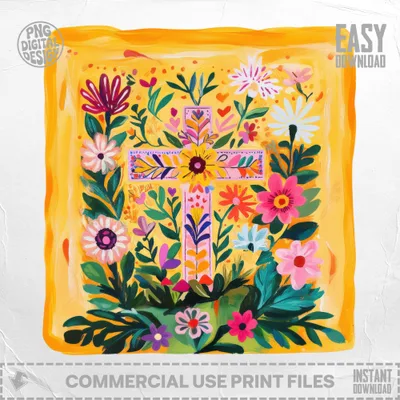SVG Floral Cross PNG SVG Sublimation File, Preppy Clip Art, Christian Faith Art Digital Download, Vibrant Bohemian Flower Jesus Cross Graphic