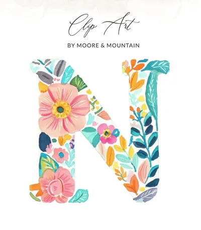 SVG Floral Letter N SVG PNG, Watercolor Alphabet N Digital, Botanical Initial Clipart, Pink Orange Blue Flowers, Nursery Decor, Monogram Art