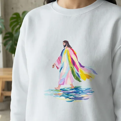SVG Jesus Walking on Water Colorful Digital Art PNG SVG Sublimation File | Modern Christian Preppy Clip Art for Faith Projects