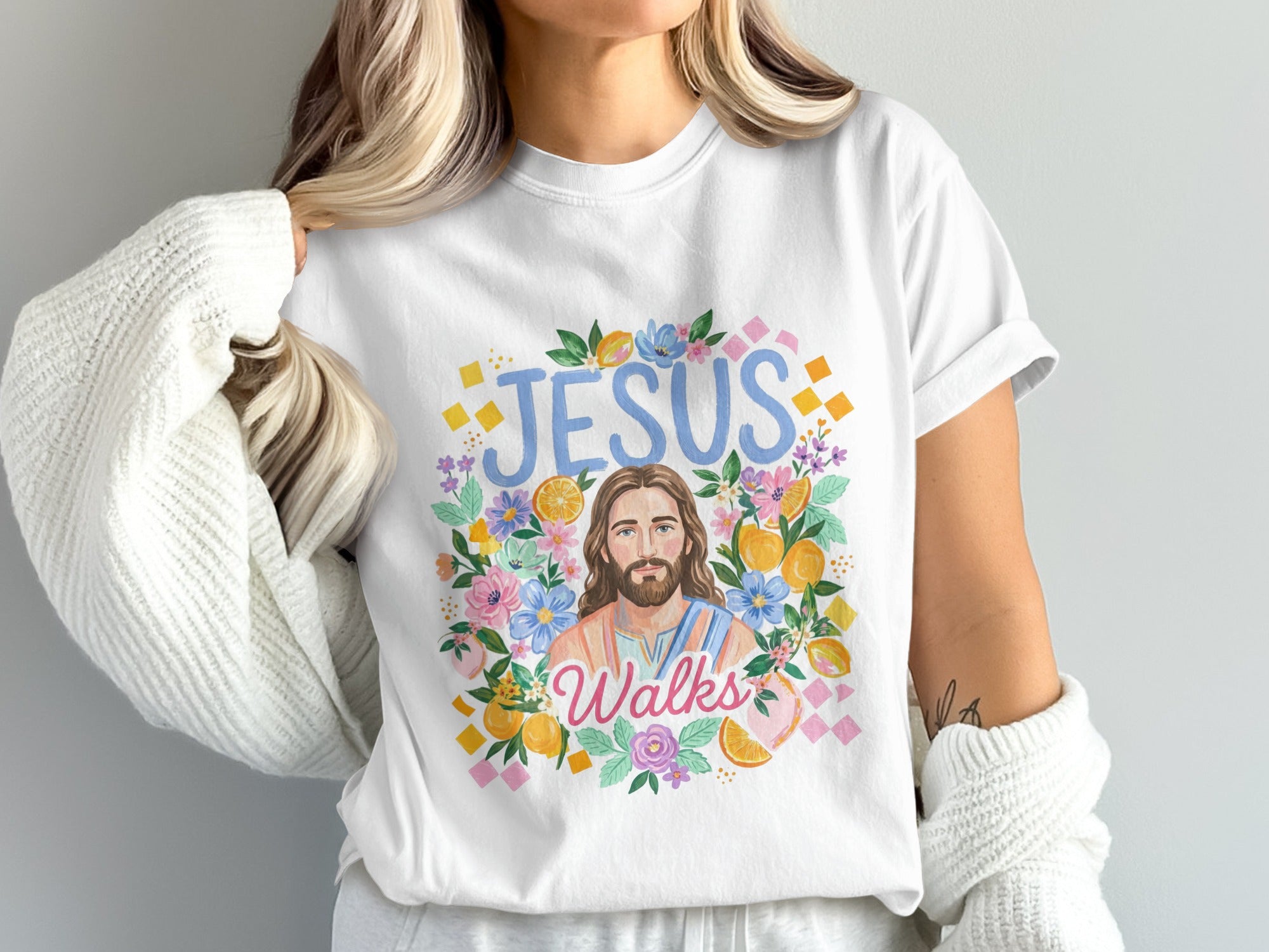 SVG Jesus Walks Floral T-Shirt Digital Download, Christian Faith PNG, Religious Inspirational Shirt Design, Easter Spring Faith Apparel Gift