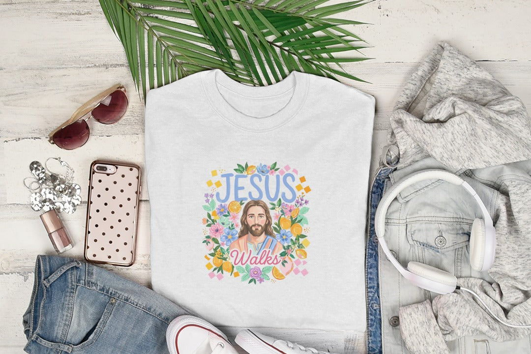 SVG Jesus Walks Floral T-Shirt Digital Download, Christian Faith PNG, Religious Inspirational Shirt Design, Easter Spring Faith Apparel Gift