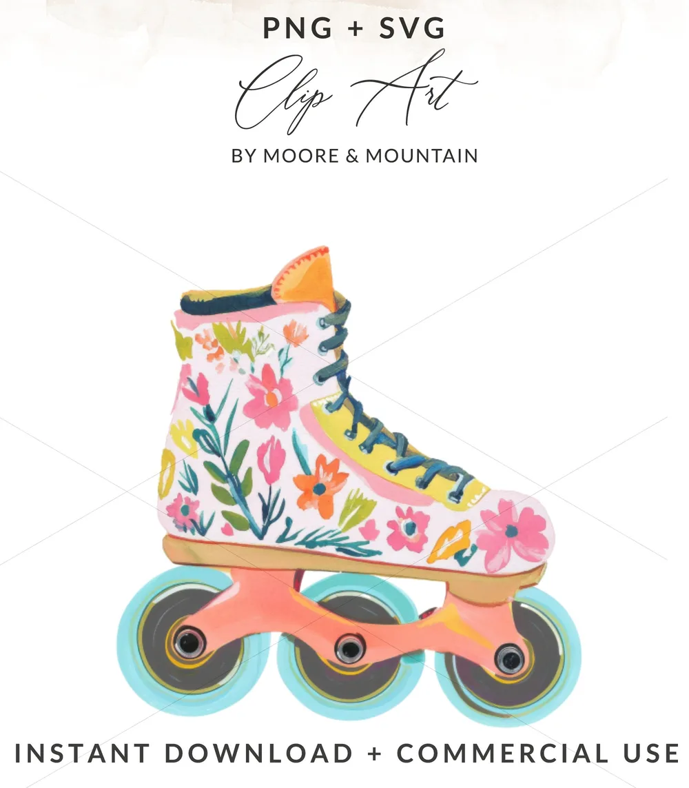 SVG Preppy Floral Rollerblade PNG 90s Clip Art, Cute Rainbow Clipart, Trendy Girly Design, Cricut Cut File, Sublimation Download