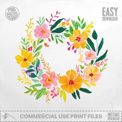 SVG Preppy Painterly SVG, Hand Painted Floral Wreath Clipart, Gouache Style Illustration PNG, Watercolor Preppy Graphic, Vibrant Pastel Artwork