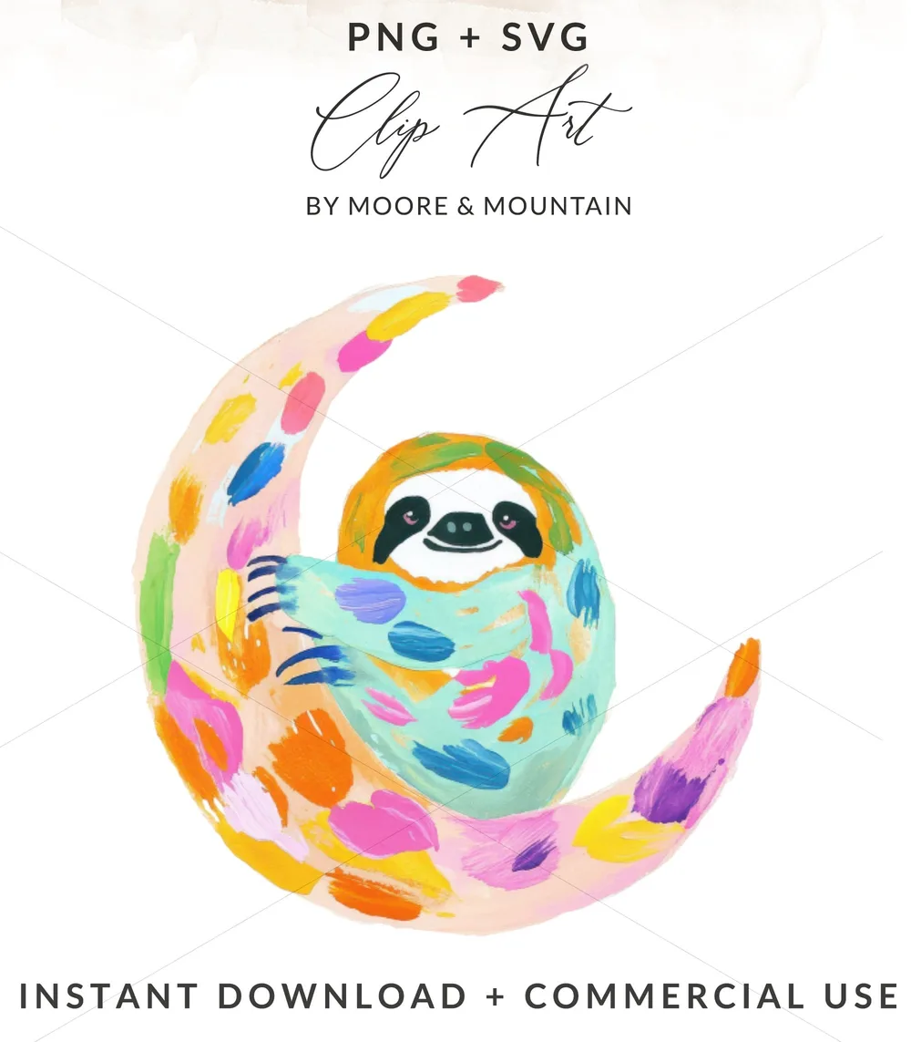 SVG Preppy Sloth Moon Digital, Pastel Sloth PNG, Kawaii Sloth Clipart, Trendy Sloth Art, Sublimation Design, Cricut Cut File SVG, Rainbow Sloth