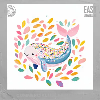 SVG Rainbow Whale Clipart PNG SVG, Kawaii Animal Digital Art, Cute Fantasy Illustration, Rainbow Pastel Artwork, Trendy Girly Design