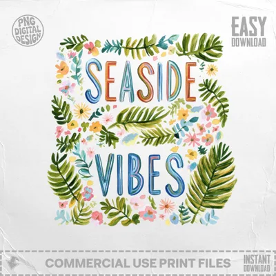 SVG Seaside Vibes Digital File, SVG Sublimation PNG, Preppy Clip Art, Tropical Summer Beach Design for Cricut, Vacation Shirt