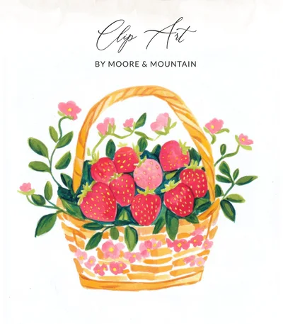 SVG Strawberry Basket Clipart PNG, Cute Floral SVG, Fruit Digital Art, Spring Illustration, Trendy Girly Design, Kawaii Food Graphic