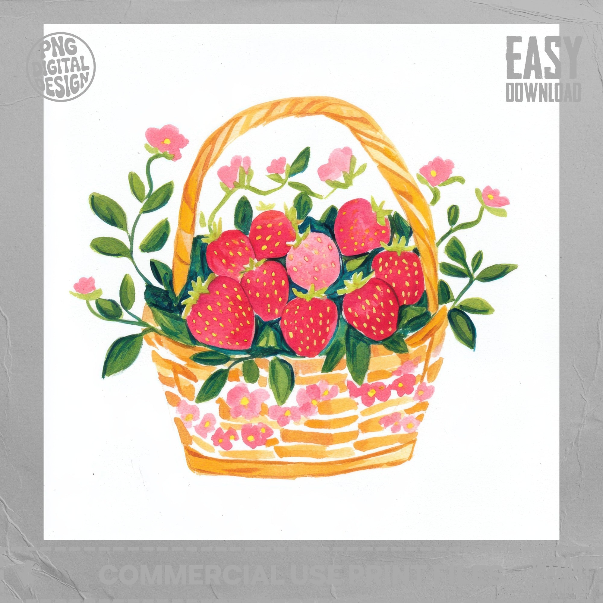 SVG Strawberry Basket Clipart PNG, Cute Floral SVG, Fruit Digital Art, Spring Illustration, Trendy Girly Design, Kawaii Food Graphic