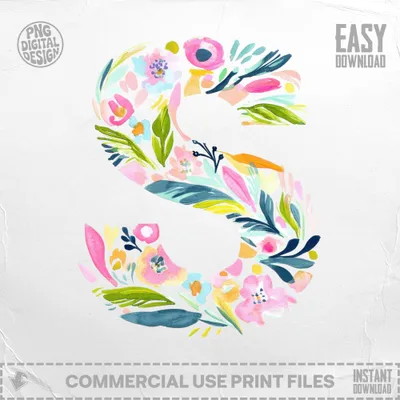 SVG Vibrant Watercolor Letter S Clipart, Preppy Tropical Floral Alphabet PNG, Digital Download, Commercial Use SVG, Hand Painted Art, Trendy