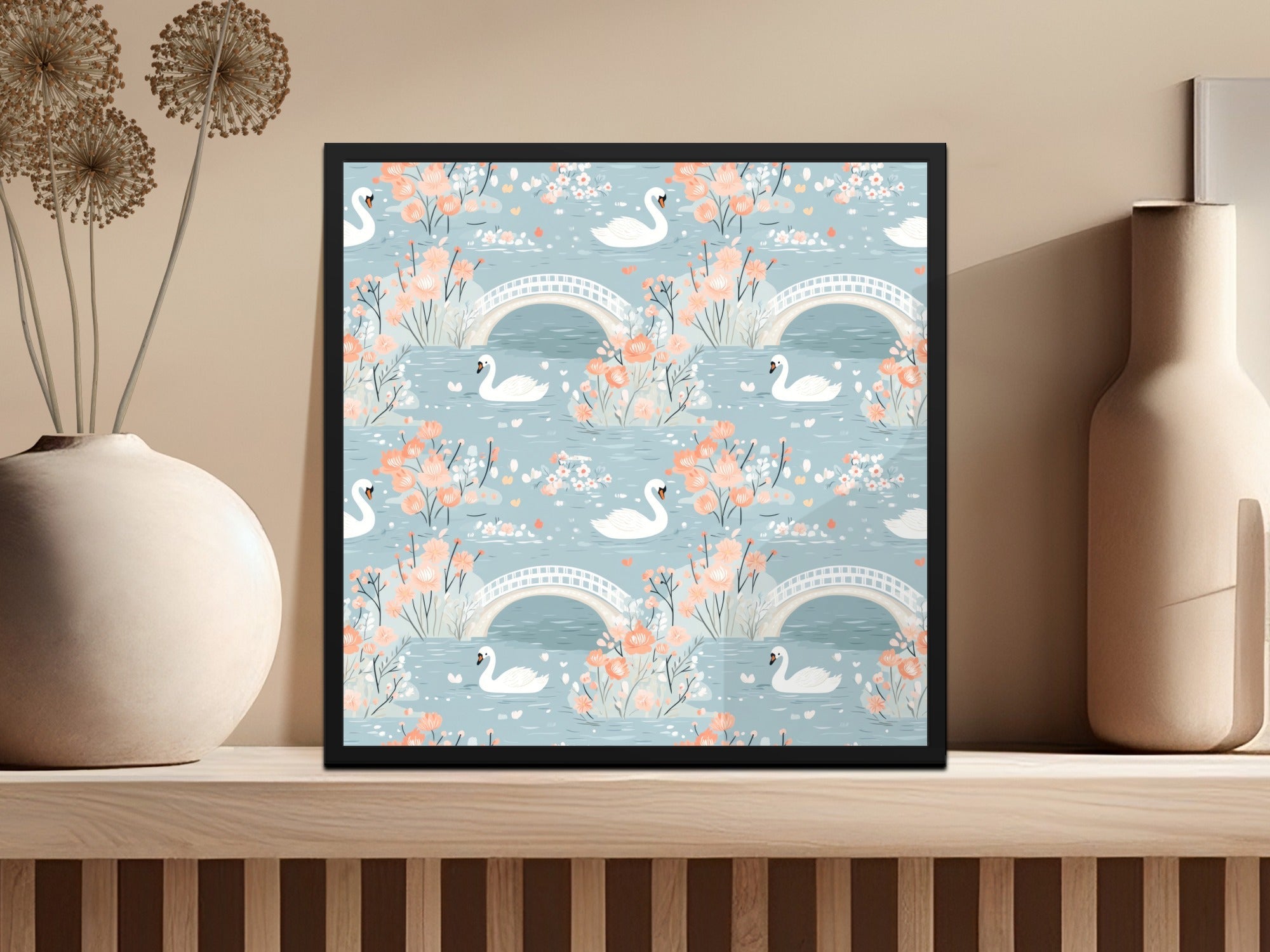 Swan and Floral River Pattern Decorative Illustration