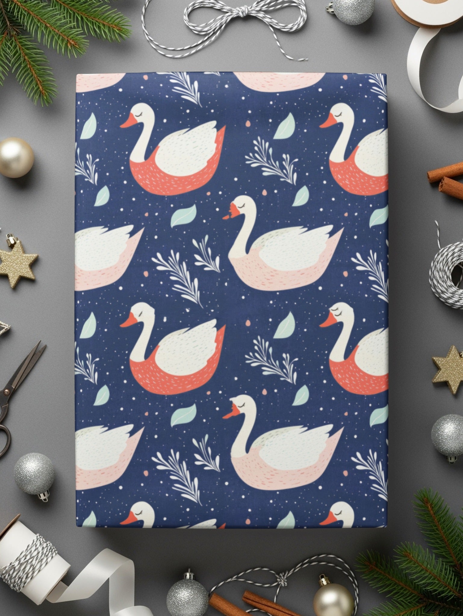 Swan Digital Paper, Seamless Pattern Design, Blue Background, 12x12 JPEG, Floral Swan Print, Fabric Design, Digital Download