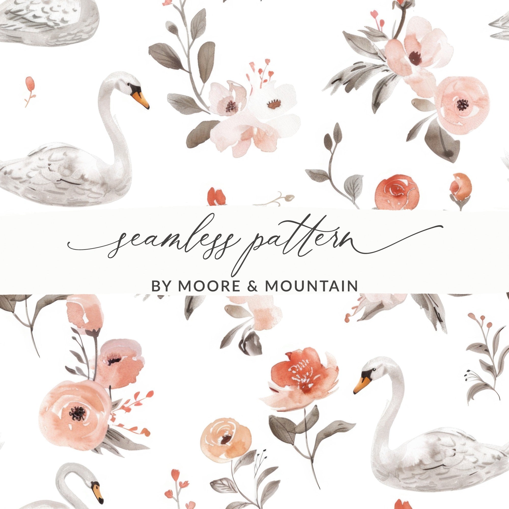 Swan Floral Seamless Pattern Digital Paper, Watercolor Swan Flower Pattern, Swan Digital Backgrounds, Pastel Floral, Digital