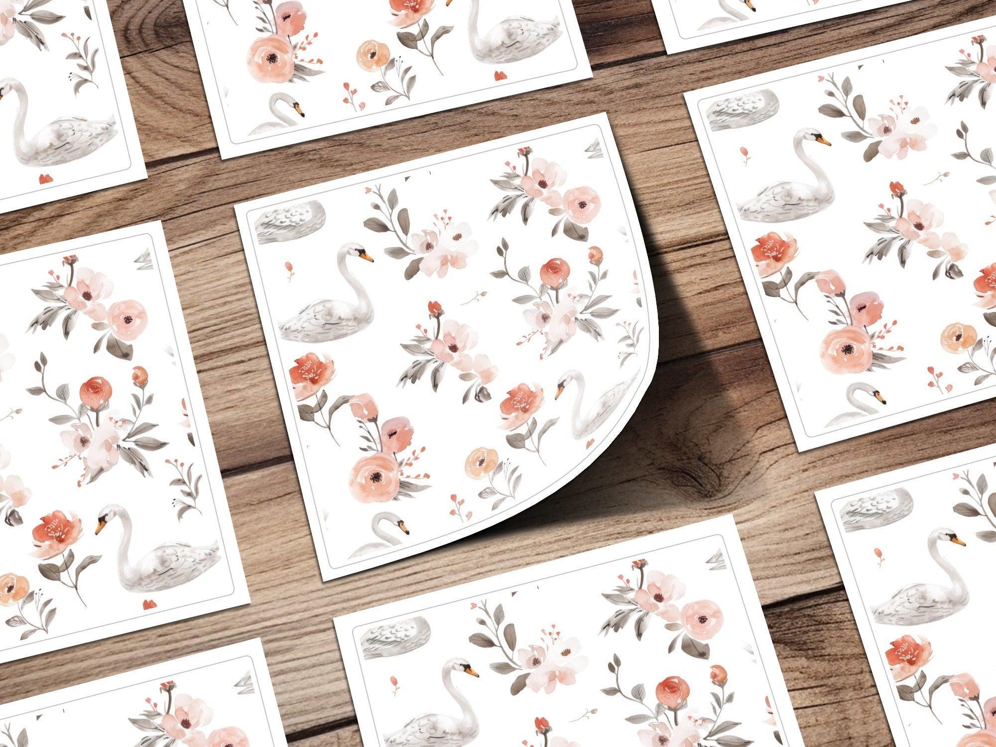 Swan Floral Seamless Pattern Digital Paper, Watercolor Swan Flower Pattern, Swan Digital Backgrounds, Pastel Floral, Digital