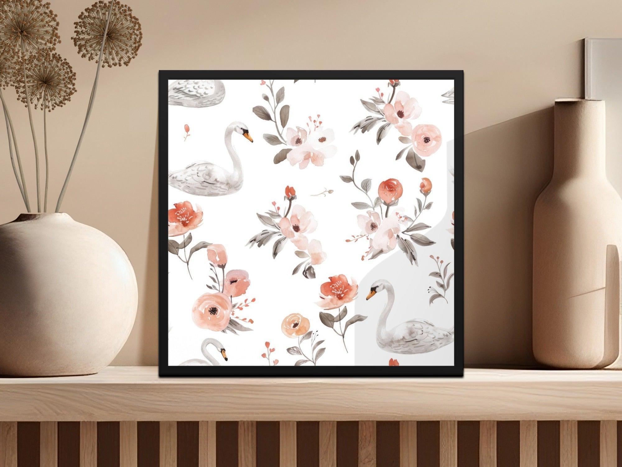 Swan Floral Seamless Pattern Digital Paper, Watercolor Swan Flower Pattern, Swan Digital Backgrounds, Pastel Floral, Digital
