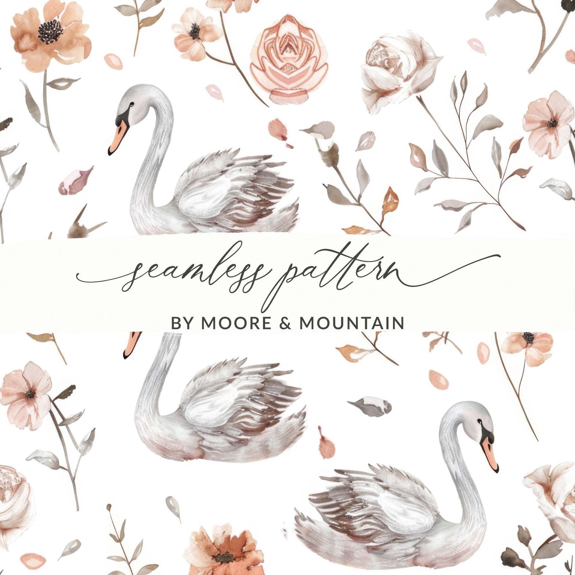 Swan Floral Seamless Pattern Digital, Watercolor Swan Art, Neutral Flower Pattern, Swan Printable Paper, Seamless Tileable Paper