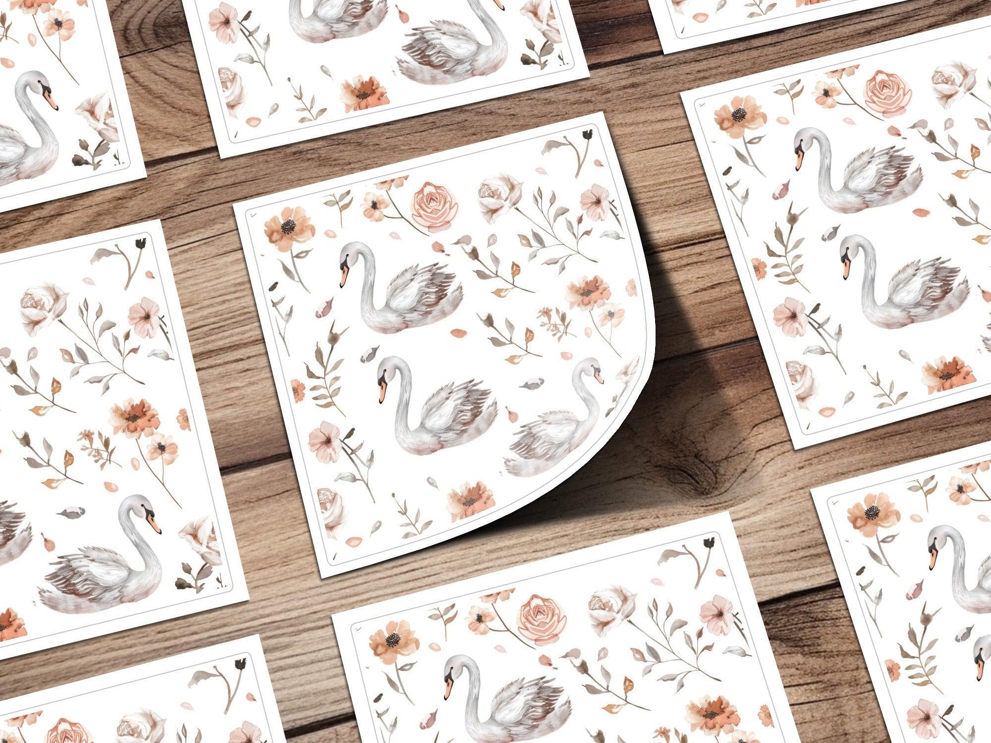 Swan Floral Seamless Pattern Digital, Watercolor Swan Art, Neutral Flower Pattern, Swan Printable Paper, Seamless Tileable Paper