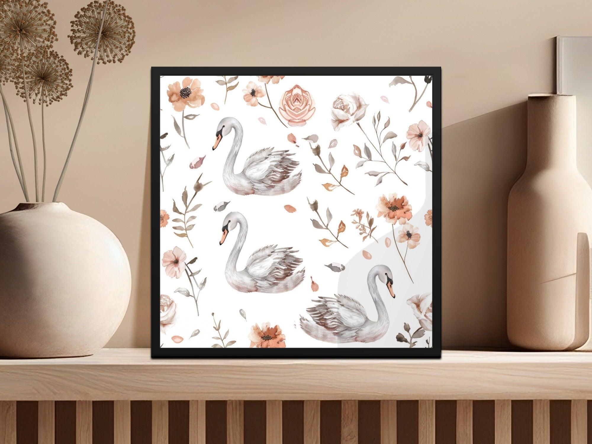Swan Floral Seamless Pattern Digital, Watercolor Swan Art, Neutral Flower Pattern, Swan Printable Paper, Seamless Tileable Paper
