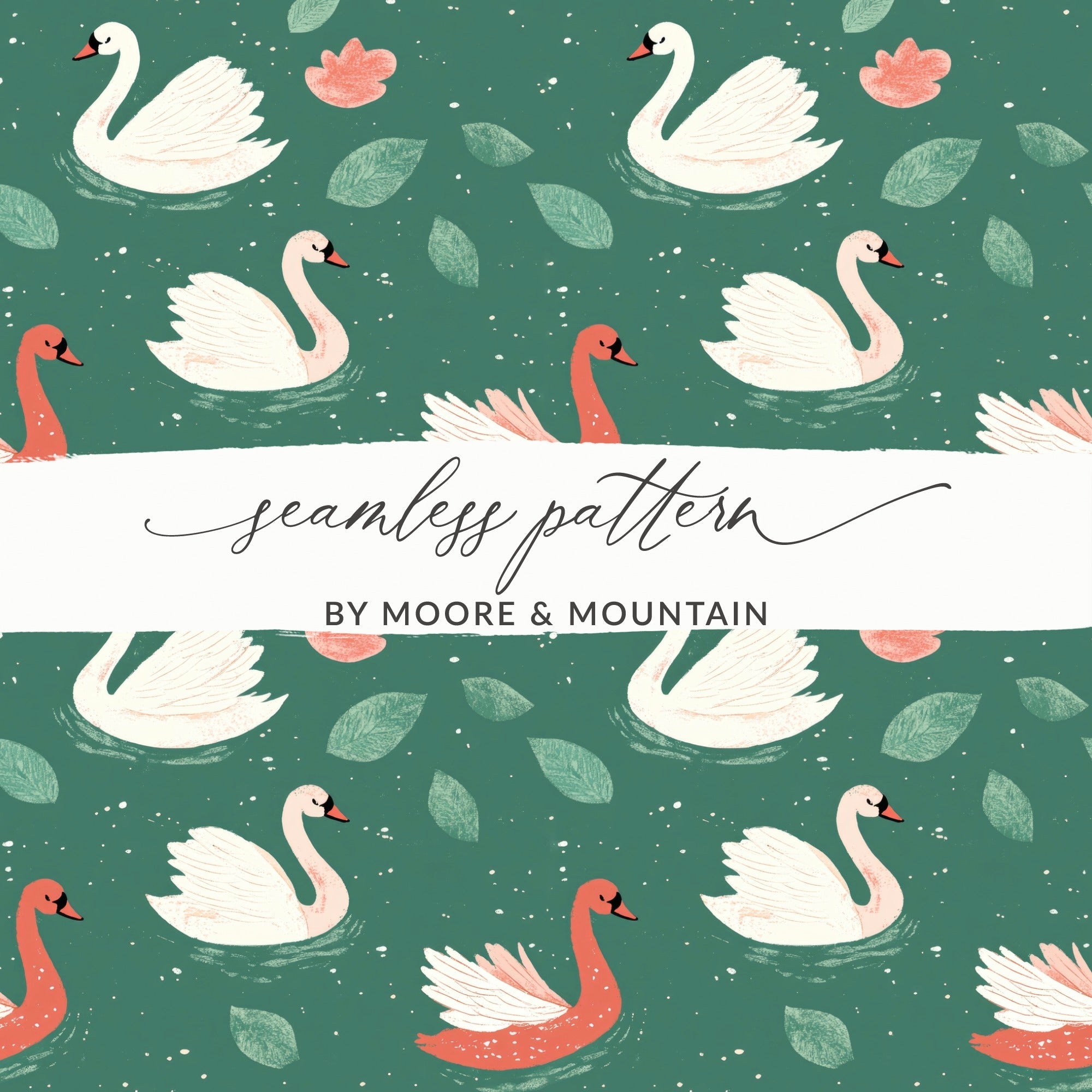 Swan Lake Digital Paper, Seamless Pattern, Teal Background, Floral Design, Swan Print, Digital Download, Scrapbooking, Fabric Design