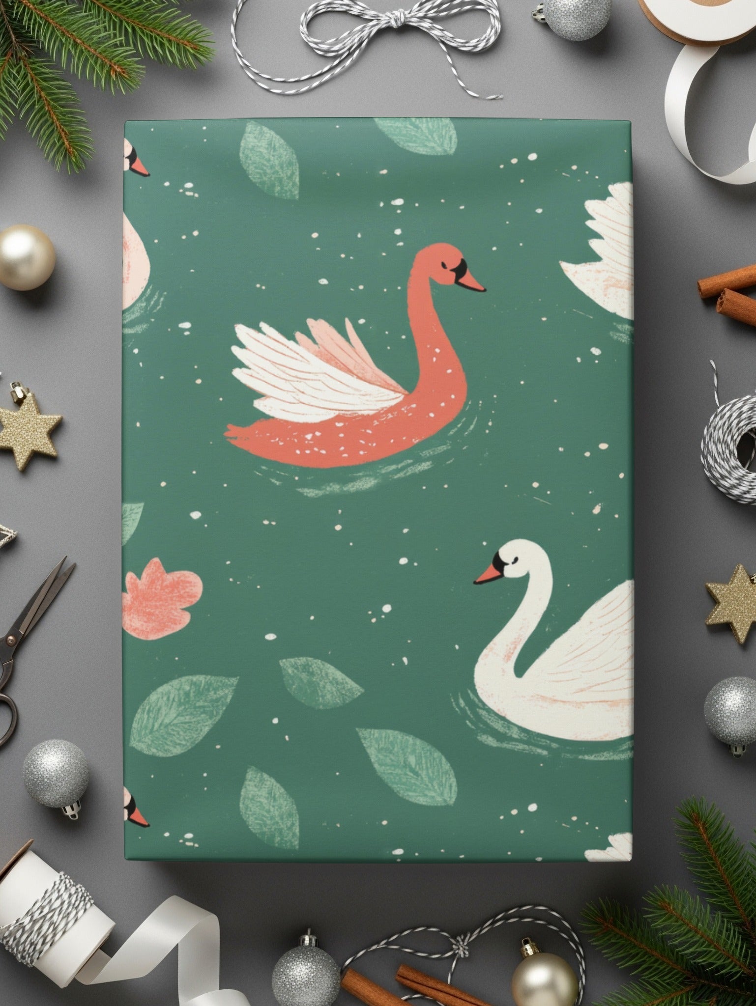 Swan Lake Digital Paper, Seamless Pattern, Teal Background, Floral Design, Swan Print, Digital Download, Scrapbooking, Fabric Design