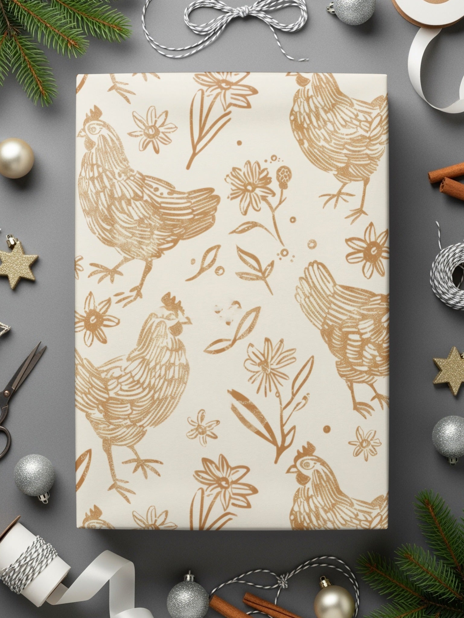 Tan Chicken Digital Paper, Beige Floral Pattern, Farmhouse Printable, Neutral Spring Background, Hen Seamless File, Easter Scrapbook