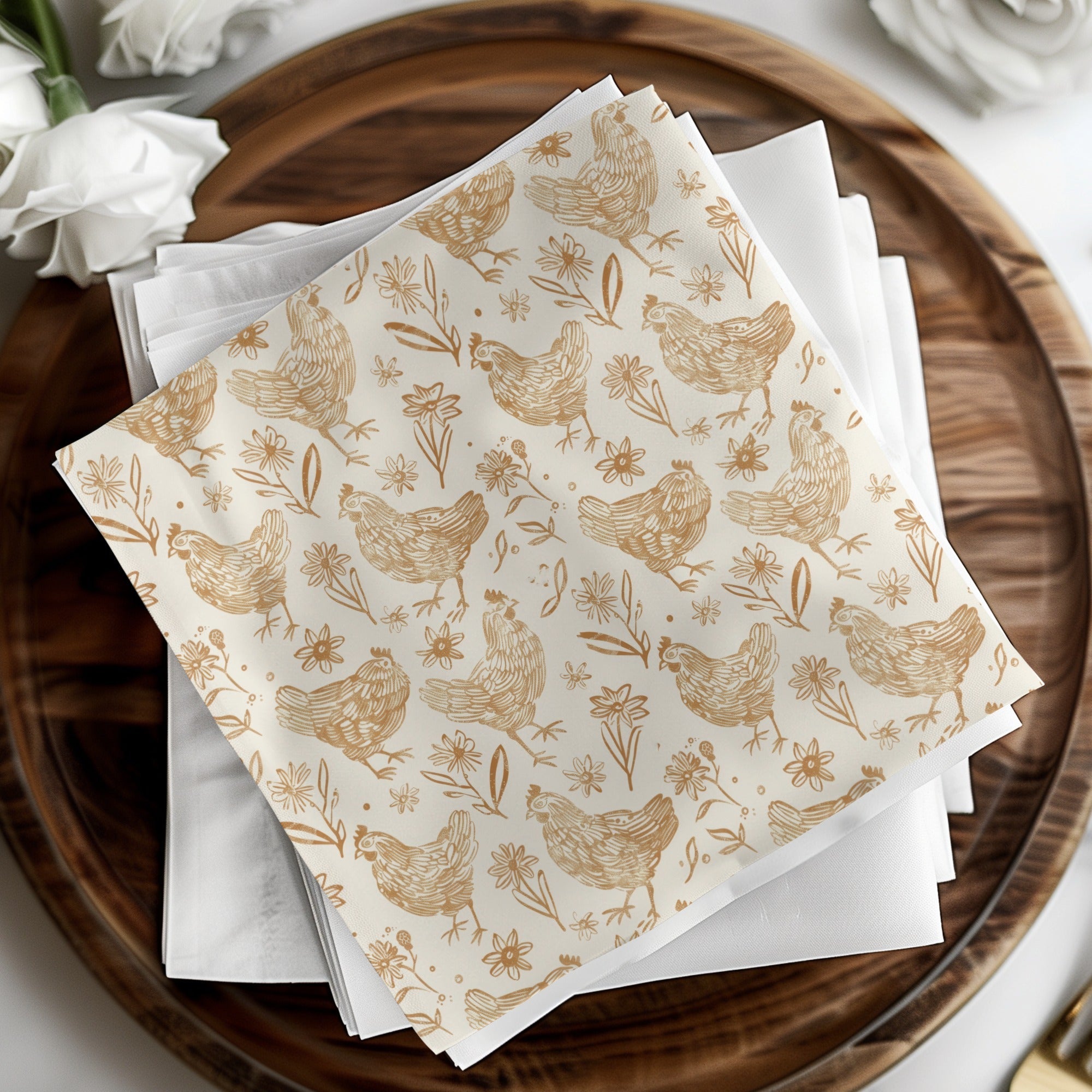 Tan Chicken Digital Paper, Beige Floral Pattern, Farmhouse Printable, Neutral Spring Background, Hen Seamless File, Easter Scrapbook