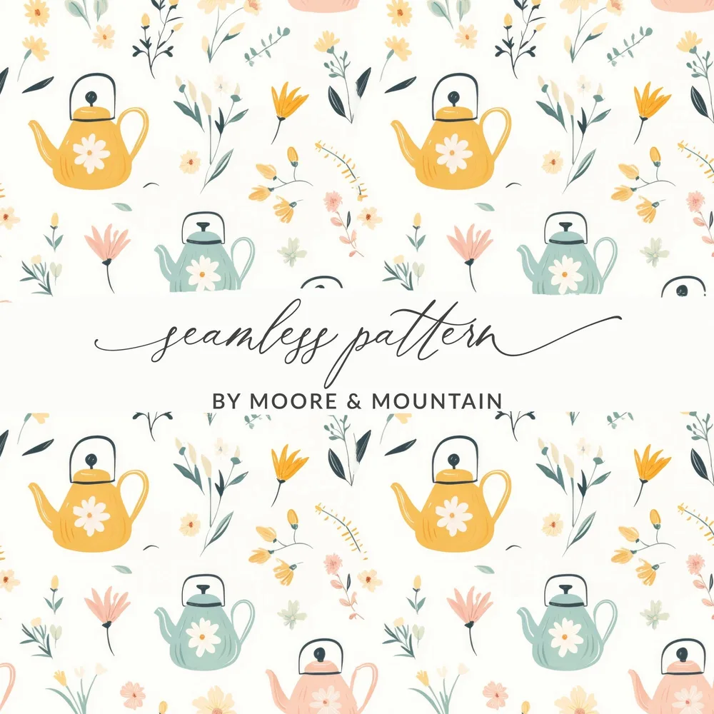 Teapot and Flowers Digital Paper, Seamless Pattern, Pastel Colors, Scrapbook Paper, Fabric Design, Digital Background, Digital Download