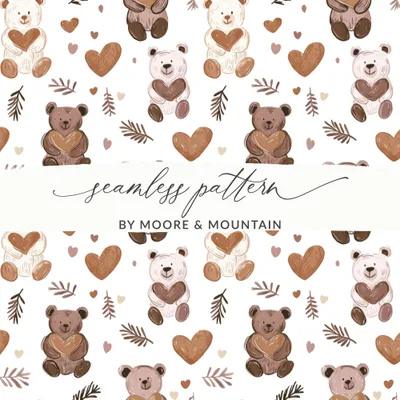Teddy Bear Heart Seamless Pattern Digital, Nursery Decor, Cute Bear Pattern, Kid Fabric Design, Cartoon Animals, Commercial Use