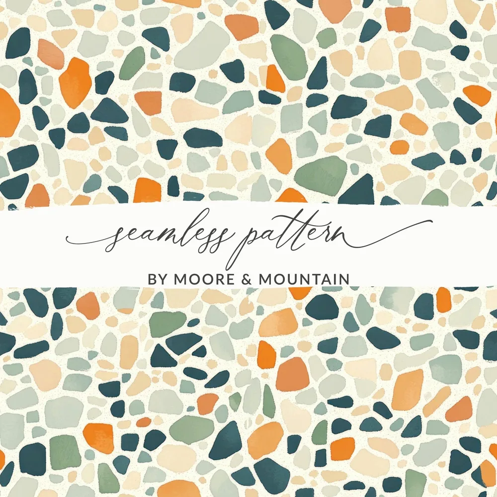 Terrazzo Digital Paper, Orange, Teal, Green Tile Pattern, Abstract Stone Texture, Neutral Background, Digital Download, Printable Paper