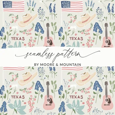 Texas Digital Art Pattern, American Flag Bluebonnet Design, Cowboy Hat Guitar Floral Print, Country Western Seamless Motif, Instant Download