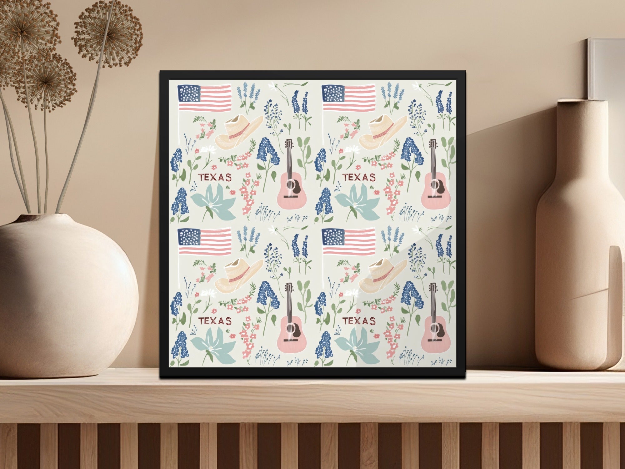 Texas Digital Art Pattern, American Flag Bluebonnet Design, Cowboy Hat Guitar Floral Print, Country Western Seamless Motif, Instant Download