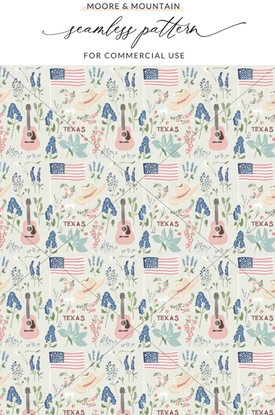 Texas Digital Art Pattern, American Flag Bluebonnet Design, Cowboy Hat Guitar Floral Print, Country Western Seamless Motif, Instant Download