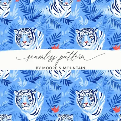 Tiger Among Blue Leaves and Orange Flowers Digital