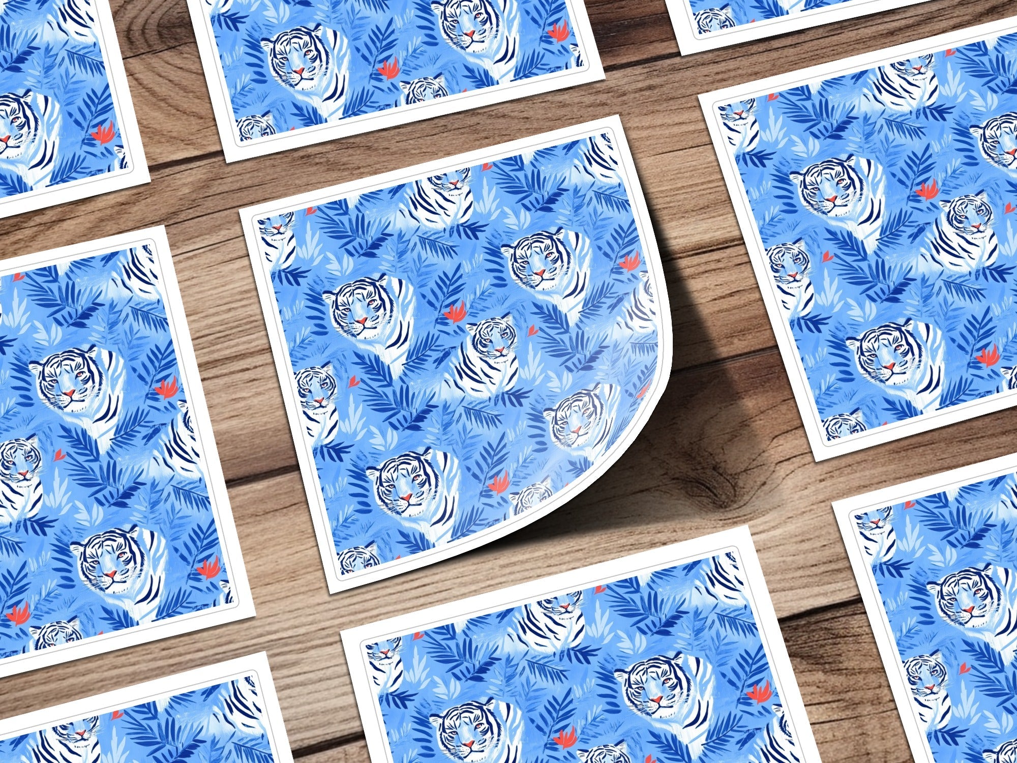 Tiger Among Blue Leaves and Orange Flowers Digital