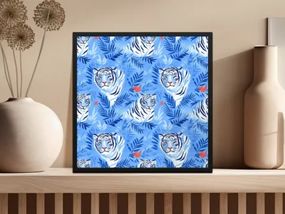 Tiger Among Blue Leaves and Orange Flowers Digital