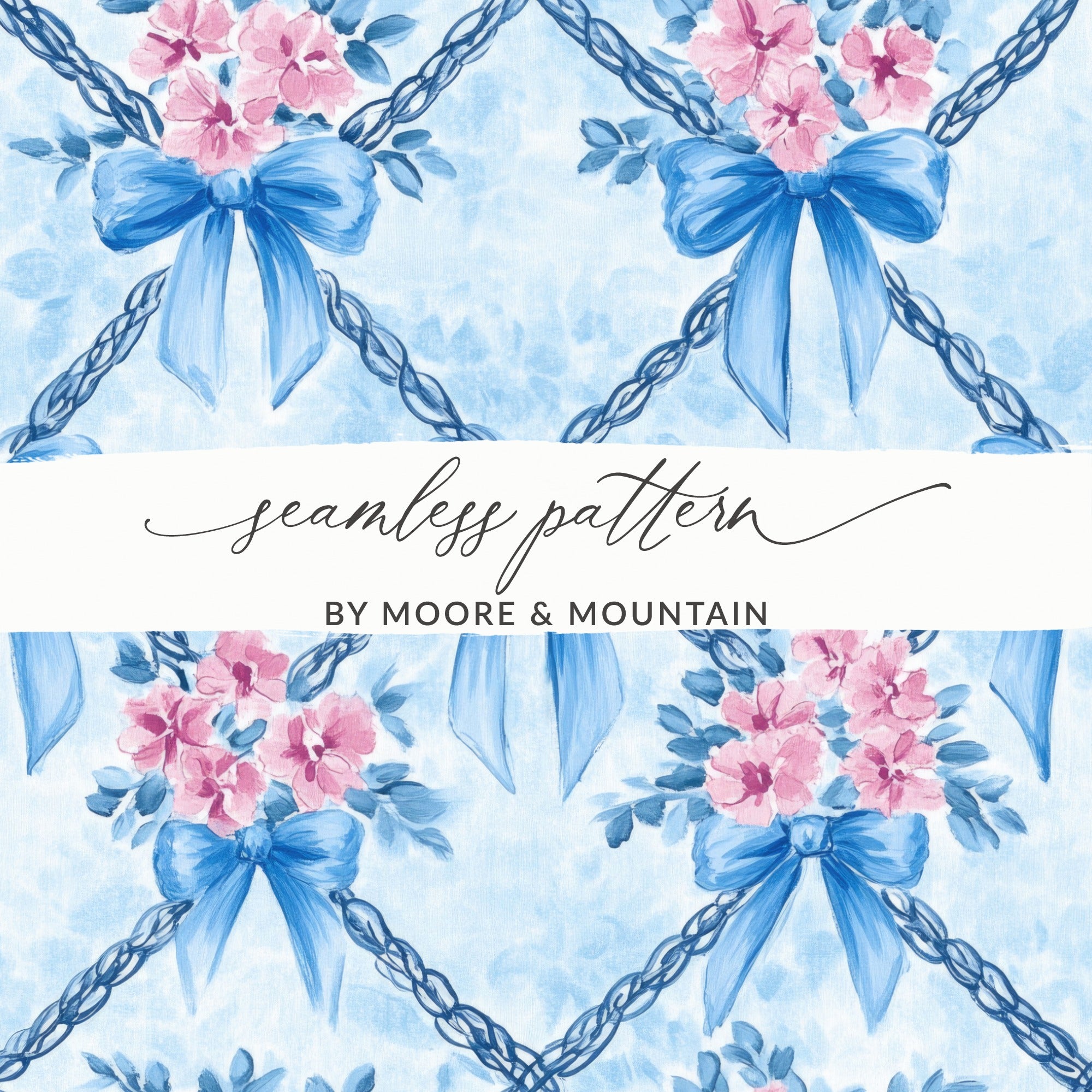 Trellis Bows and Flowers Light Blue Background Digital