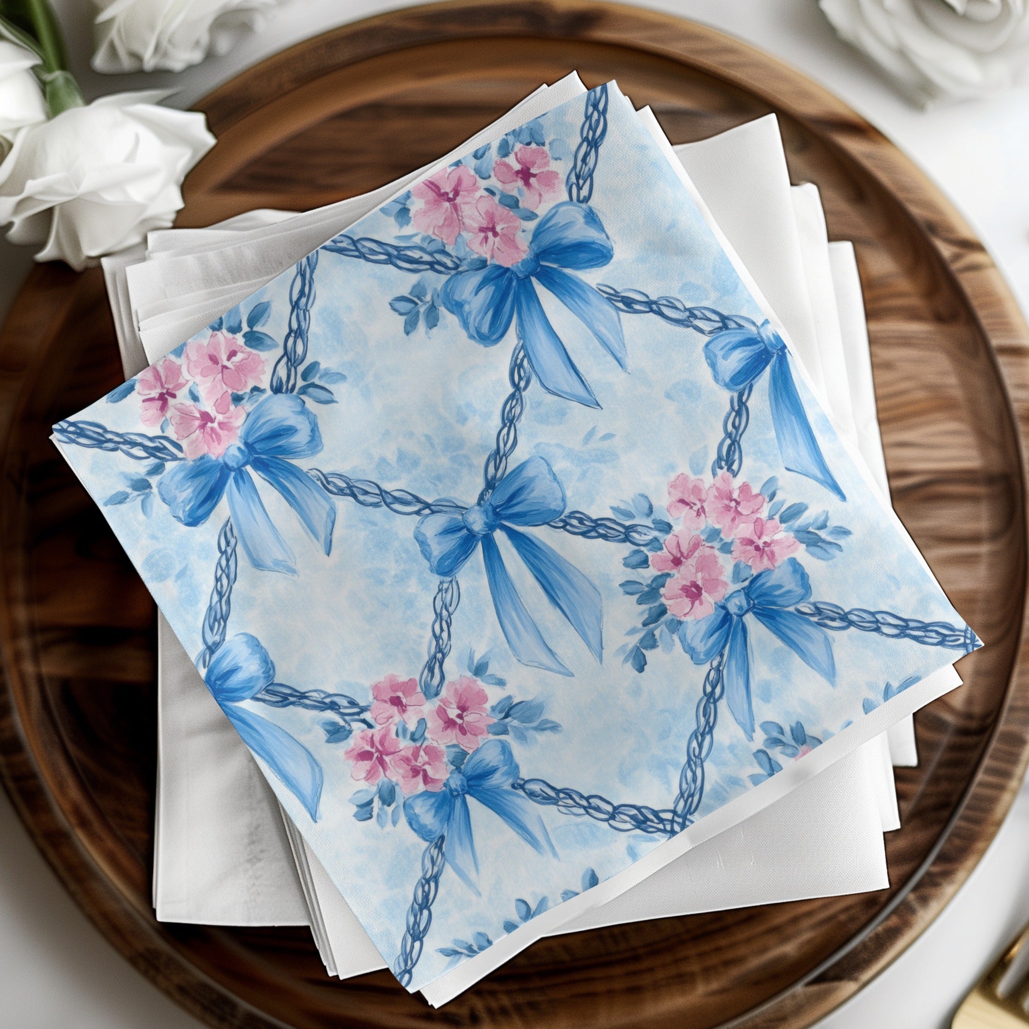 Trellis Bows and Flowers Light Blue Background Digital