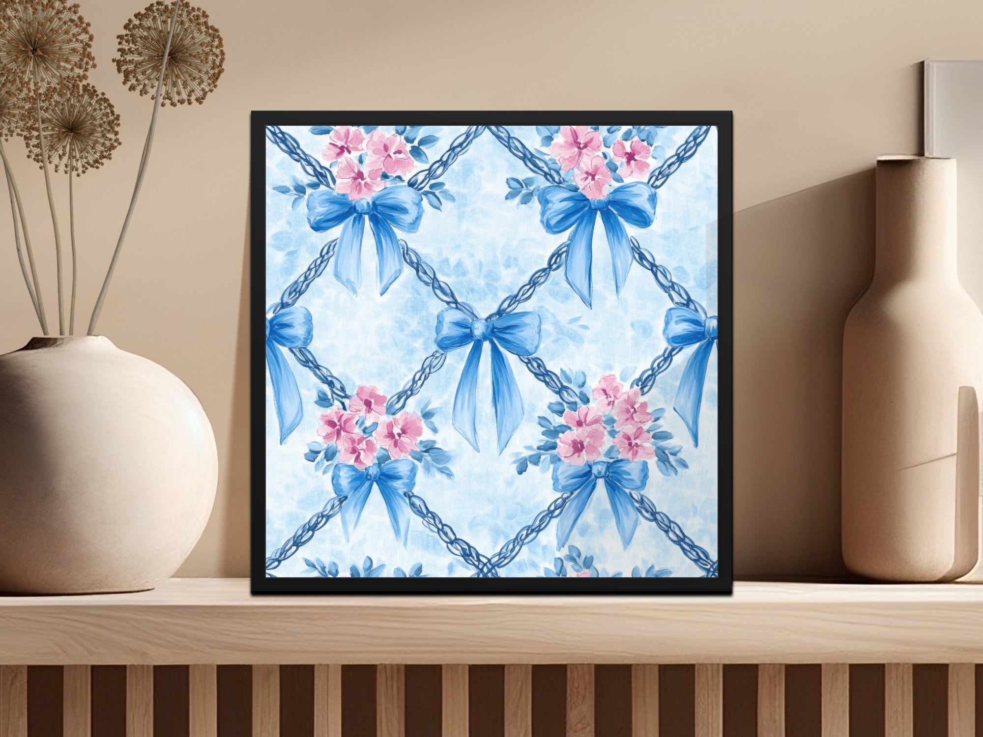 Trellis Bows and Flowers Light Blue Background Digital