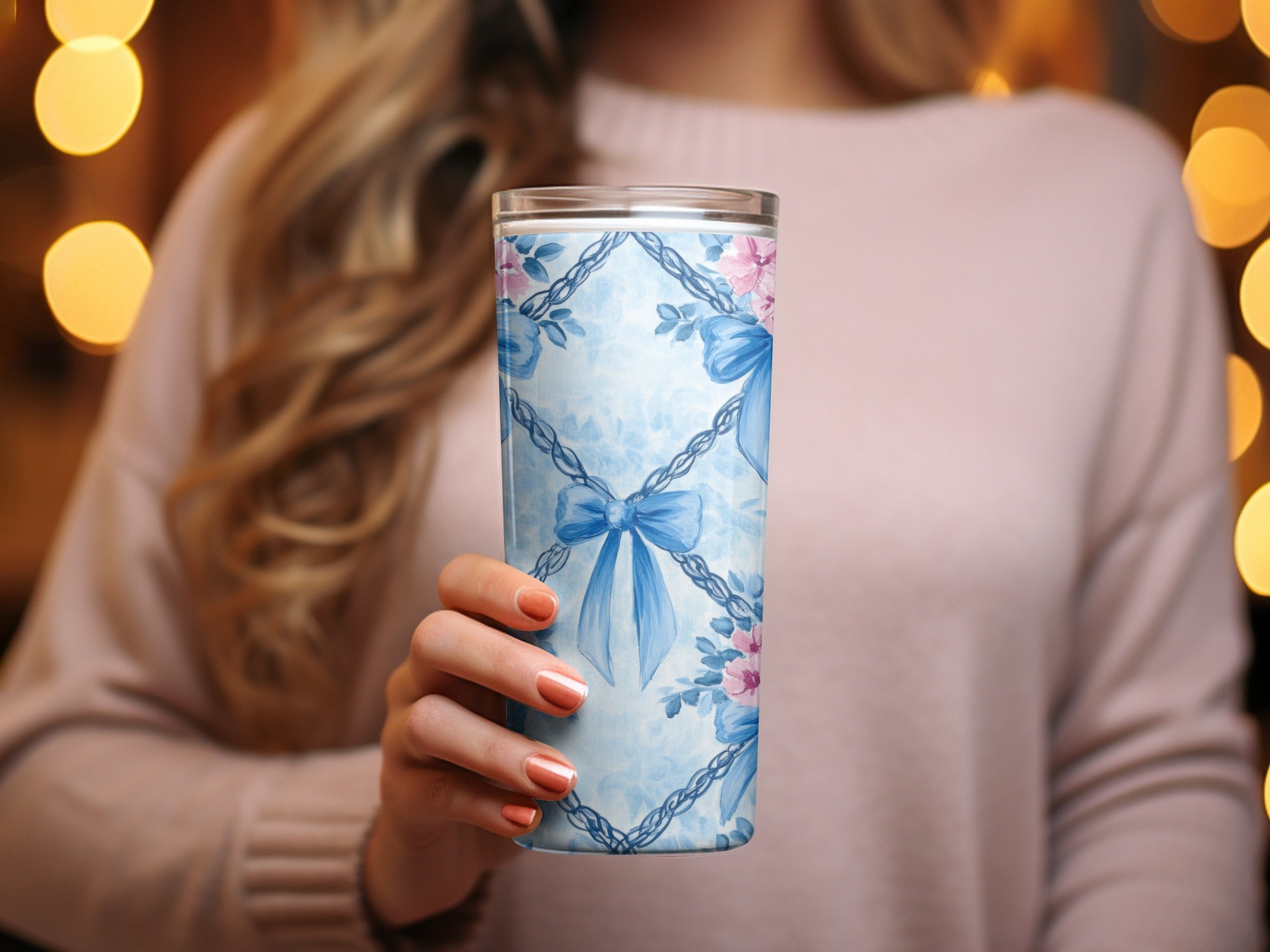 Trellis Bows and Flowers Light Blue Background Digital
