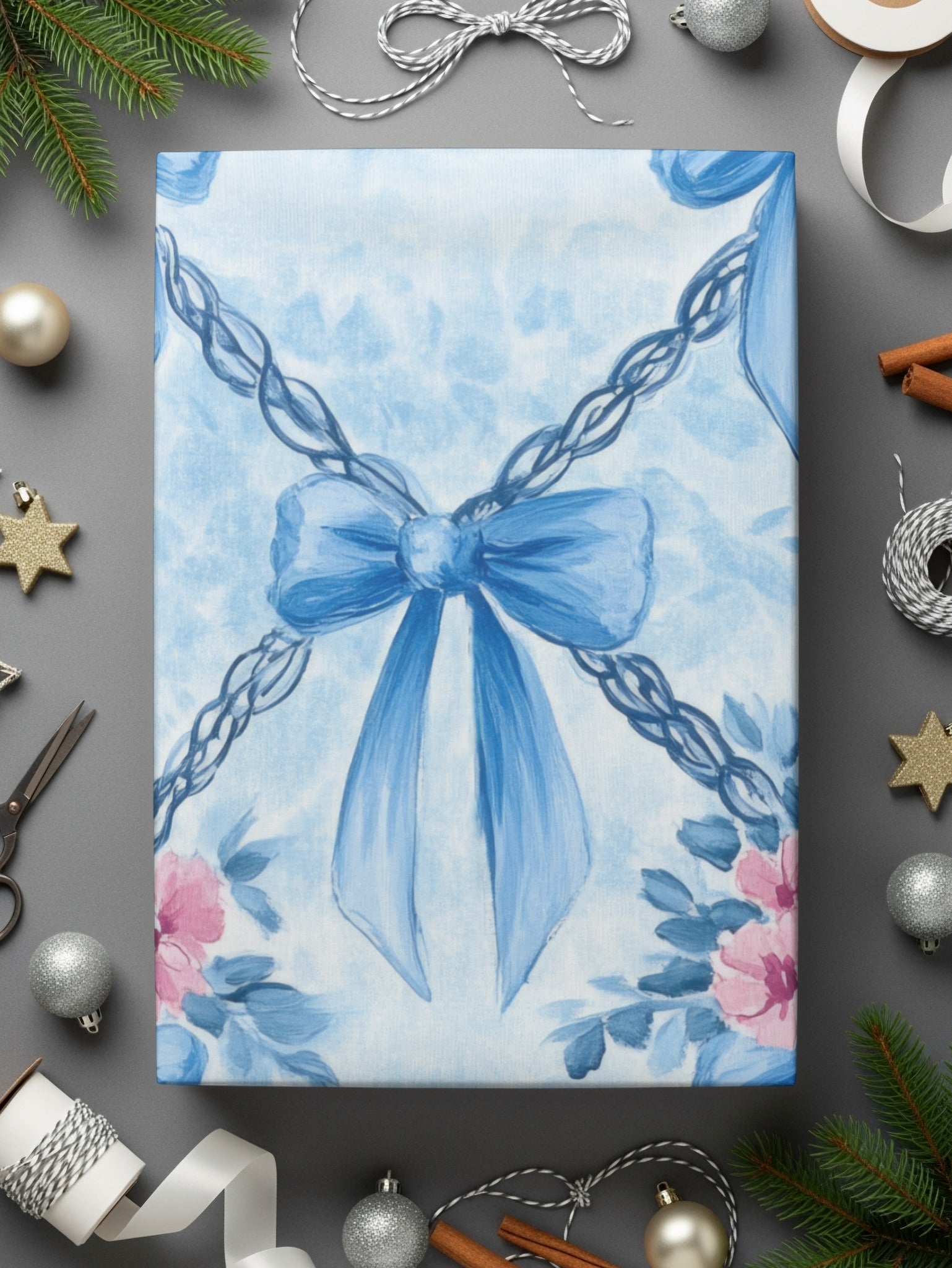 Trellis Bows and Flowers Light Blue Background Digital